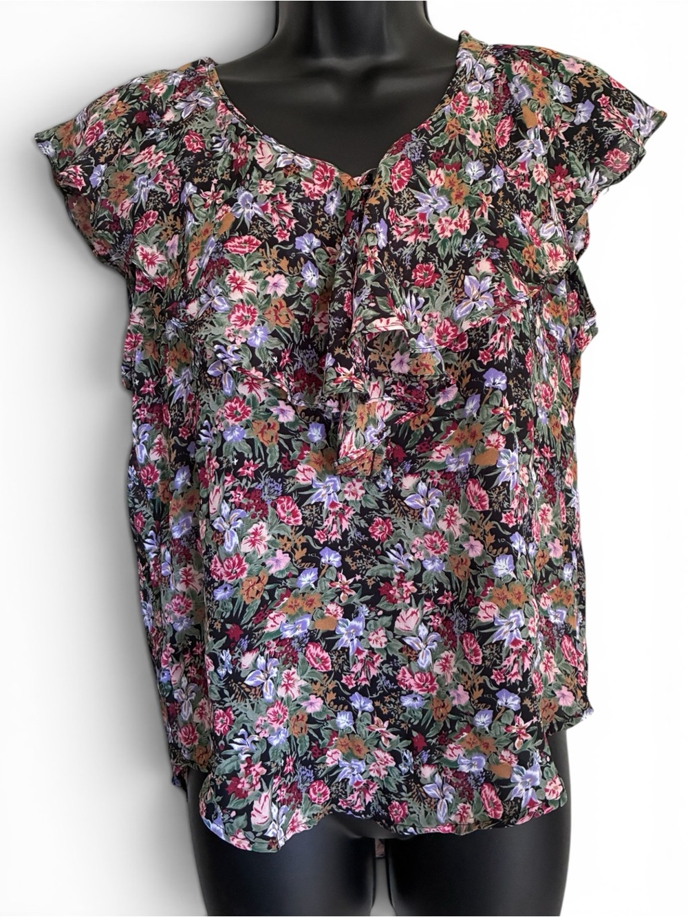 Vintage 90s Y2k Coquette Whimsigoth Ditsy Floral Ruffle Sleeve Top Sz M
